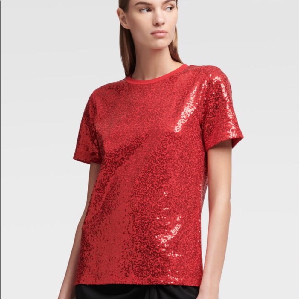 DKNY Red Sequin Crew Neck Tee